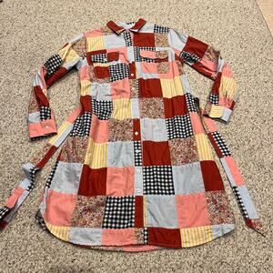 Lands End Patchwork Dress Sz S Button Front Long Sleeve Belted Grandmacore